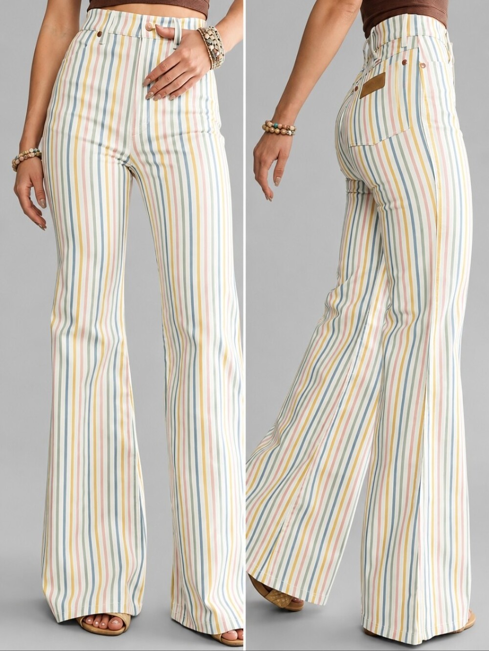 Wrangler Wanderer 622 High Rise Flare Jeans Sz 32x32 Pastel Rainbow Stripe Denim - Picture 1 of 14